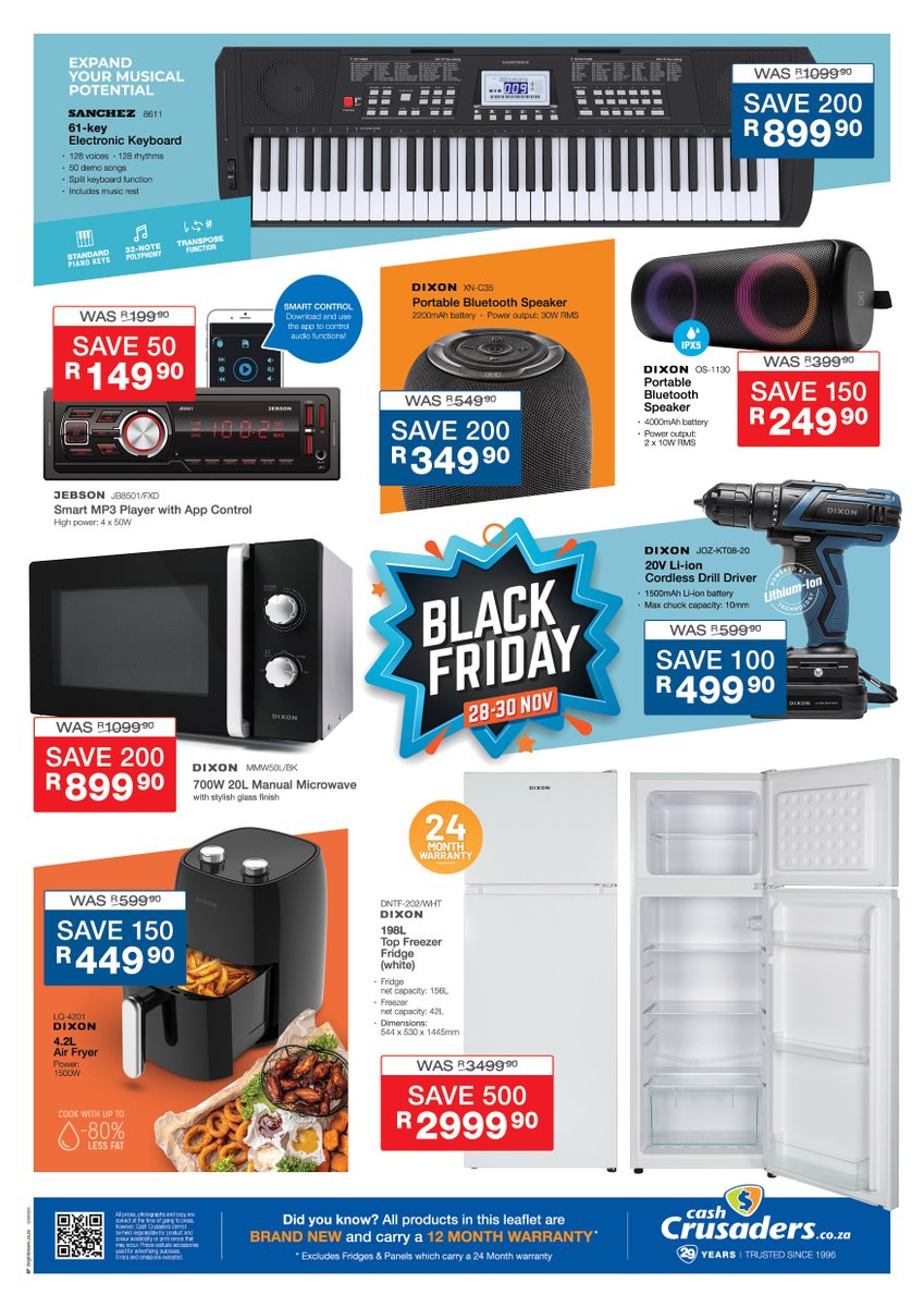 Our Black Friday Catalogue is here — packed with massive savings on speakers, TVs, fans, power banks, soundbars and so much more! 

28–30 November
Available in-store and online- cashcrusaders.co.za/pro.../promo-2…

All products include a 12 or 24-month warranty
Don’t miss out!
#CashCrusaders