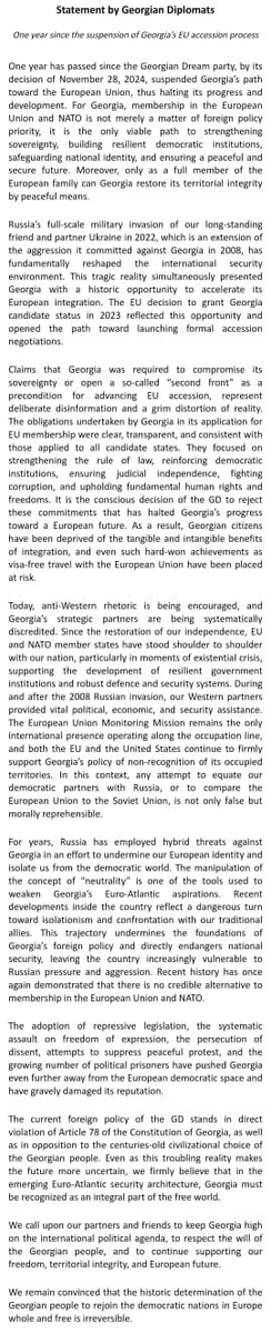 RikardJozwiak's tweet photo. statement signed by 118 former 🇬🇪 diplomats/officials marking one year since their country suspended its 🇪🇺 integration effort https://t.co/DDZYdFJFe4