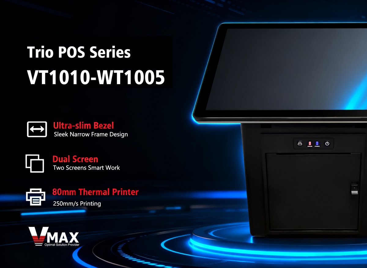 Vmax_POS's tweet photo. VMAX Trio POS VT1010-WT1005: Ultra-slim bezel (space-saving), dual screen (smoother workflows), 80mm printer (250mm/s speed).
Ideal for high-traffic spots—reliable, future-ready.
🔗 https://t.co/g8sr6CTDpJ
#VMAXPOS #POSTerminal #RetailTech #POSSystem https://t.co/4xDyT8ld7W