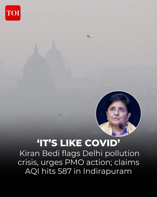 timesofindia's tweet photo. Former IPS officer #KiranBedi has voiced grave concerns over #Delhi's hazardous air quality, with the #AQI reaching alarming levels. 

More details 🔗https://t.co/9U7ogSvwCL  

#DelhiPollution #Pollution #AirPollution #AirQuality #AQI https://t.co/j5dT9V4LQP
