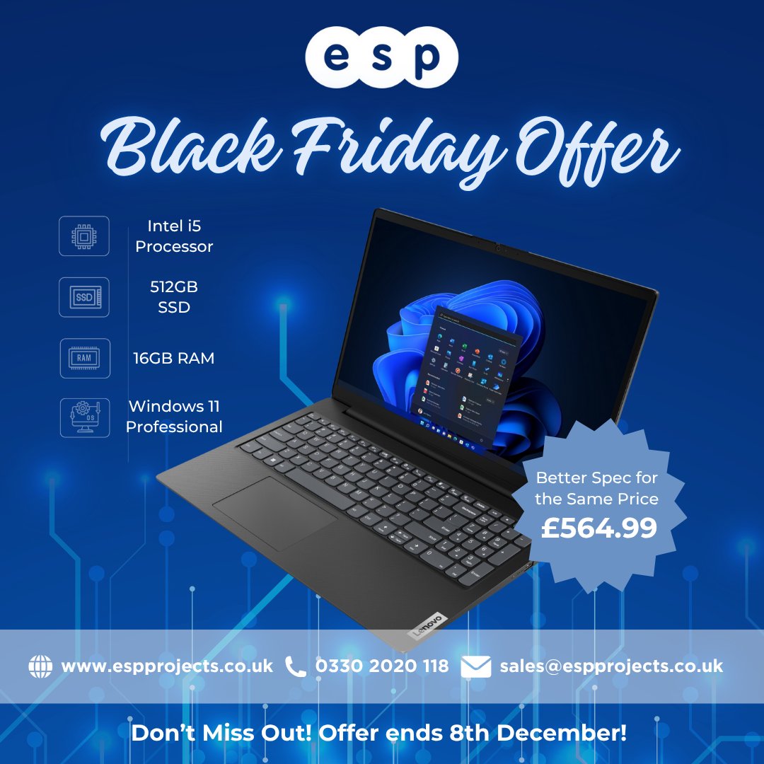 ESPProjects's tweet image. Upgrade your tech this #BlackFriday!
💻 High-spec laptop for £564.99:
✅ Intel i5
✅ 512GB SSD
✅ 16GB RAM
✅ Windows 11 Pro
⏳ Offer ends 8 Dec!
👉 espprojects.co.uk/contact-us/
#LaptopDeals #TechUpgrade #Windows11