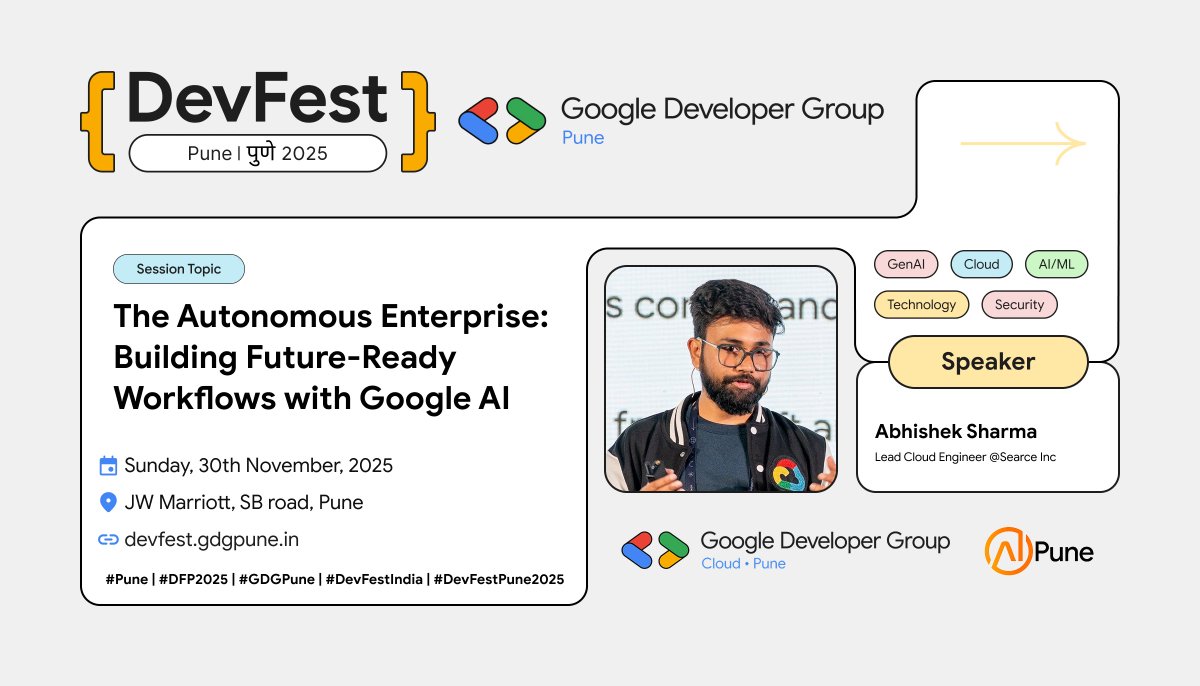 GDGPune's tweet photo. Hello everyone, brace yourselves!
We are thrilled to reveal our speaker at #DevFestPune2025 😍 ✨ Abhishek Sharma ✨
Get ready to be inspired by his insightful and expert advice.
⚡ For more details: https://t.co/52DfFqSUXo
#DevFestPune #DFP2025 #GDGPune #Devfest2025 https://t.co/rk7b4gP22W