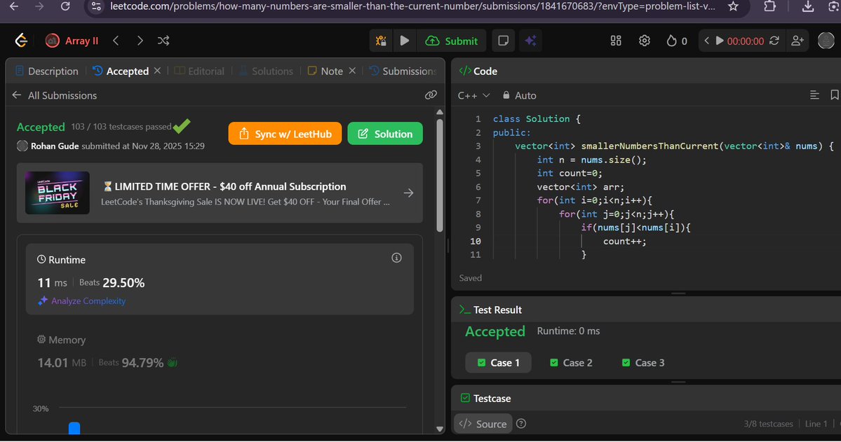 rohanncodes's tweet image. Just solved LeetCode 1365 – How Many Numbers Are Smaller Than the Current Number 👨‍💻
Using brute force approach -T.C:- O(n²)
Loving this pattern-based problem solving! 💪🔥
#LeetCode #100DaysOfCode #cpp #DSA #CodingJourney 
#Day2ofLeet