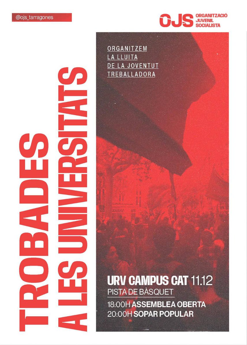 🔴|| A les universitats, l’OJS farem unes trobades de debat sobre futures lluites contra el feixisme, contra l’opressió de gènere i per Palestina.

El pròxim 11D farem una Assemblea Oberta per organitzar juntes aquestes jornades al campus i un sopar popular posterior.

Us esperem