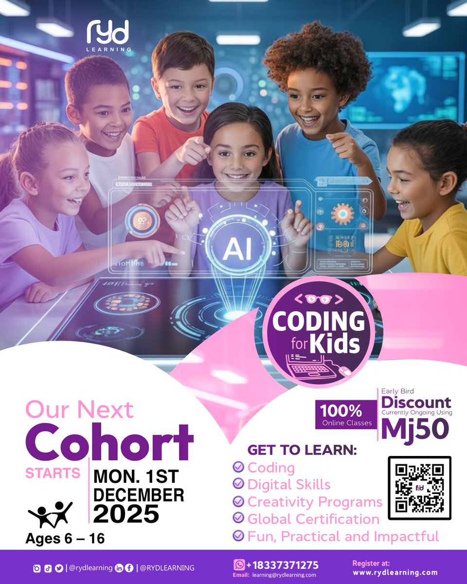 rydLearning's tweet image. What a great way to end the year, giving your child a skill that prepares them for the future.
Our final cohort of the year starts on December 1st, and your child can still join.

Hurry now to rydlearning.com to enroll them.
The 50% discount ends tomorrow. 
#codingforkids