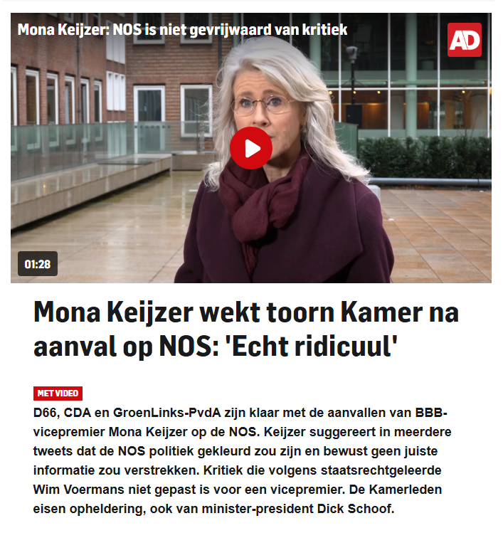 Nee <a href="/elodieverweij/">Elodie Verweij</a>, <a href="/MonaKeijzer/">Mona Keijzer</a> oogst bewondering dat ze duidelijk gekleurde berichtgeving van de <a href="/NOS/">NOS</a> ter discussie stelt. De reden dat de <a href="/NOS/">NOS</a> zich terugtrekt van X is omdat ze keer op keer worden geconfronteerd met deze gekleurde berichtgeving en geen weerwoord hebben.