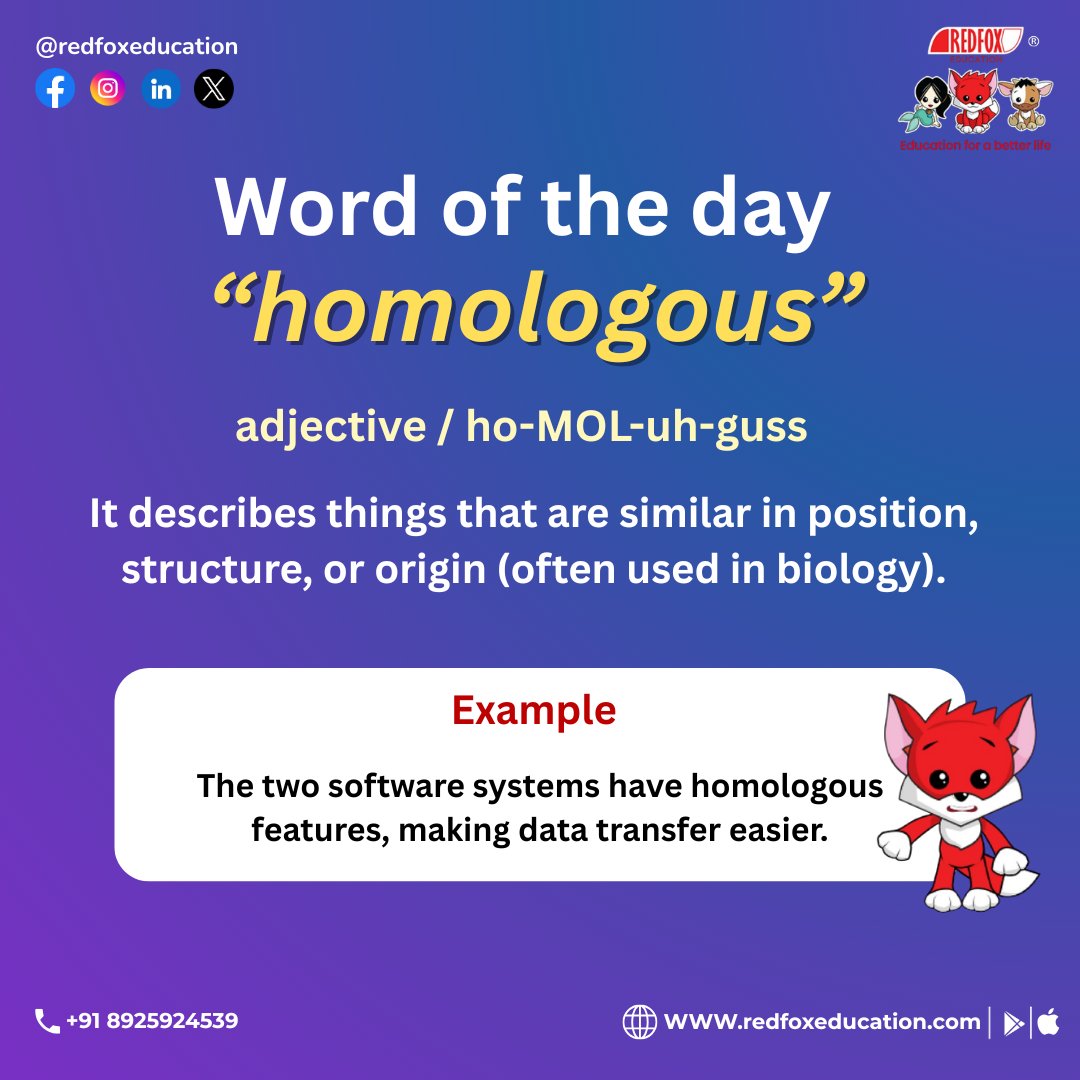 RedFox_EdTech's tweet image. Boost your vocabulary with today’s word: **“homologous”** 🧠✨

Download Our Mobile App:
Google Play: bit.ly/31lO56z
App Store: apple.co/39UxPwl

#WordOfTheDay #Homologous #LearnEnglish #EnglishVocabulary #DailyWords #StudyEnglish #RedFoxEducation
