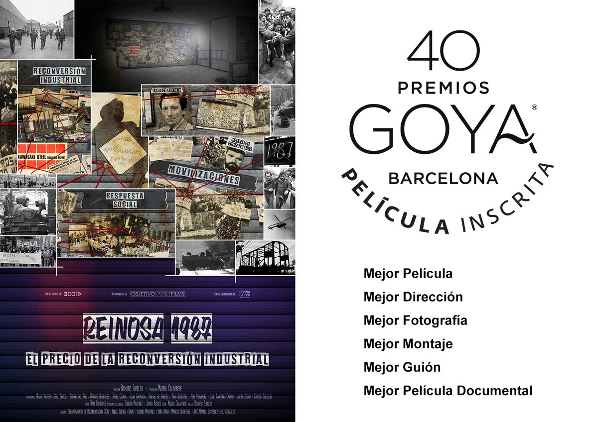 RichardZubelzu's tweet image. 🎬 Reinosa 1987: El precio de la reconversión industrial competirá en 6 categorías en los #Goya2026:

🏆 Mejor Película
🏆 Dirección
🏆 Fotografía
🏆 Montaje
🏆 Guion
🏆 Documental

📅 Votaciones:
1ª ronda: 23 dic (12:00) → 8 ene (14:00)
2ª ronda: 4 feb (12:00) → 13 feb (14:00)