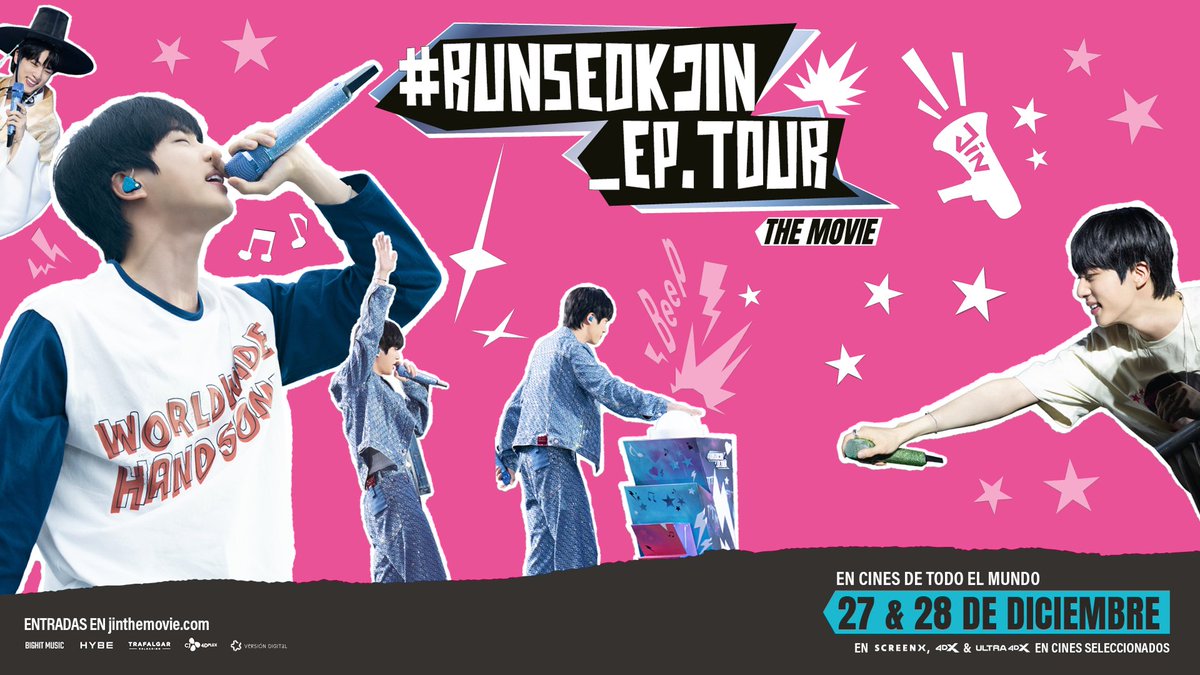 versiondigital's tweet image. 🎤✨ ¡Dojeon, ARMY! El reto comenzó y ahora podrás vivirlo en la gran pantalla junto a Jin. 💜 Prepárate para cantar, reír y sentir cada momento como si estuvieras ahí. 🎬🔥
#Jin #RUNSEOKJIN #BTS #ARMY #Dojeon #KimSeokjin #Kpop #Cinema 💜