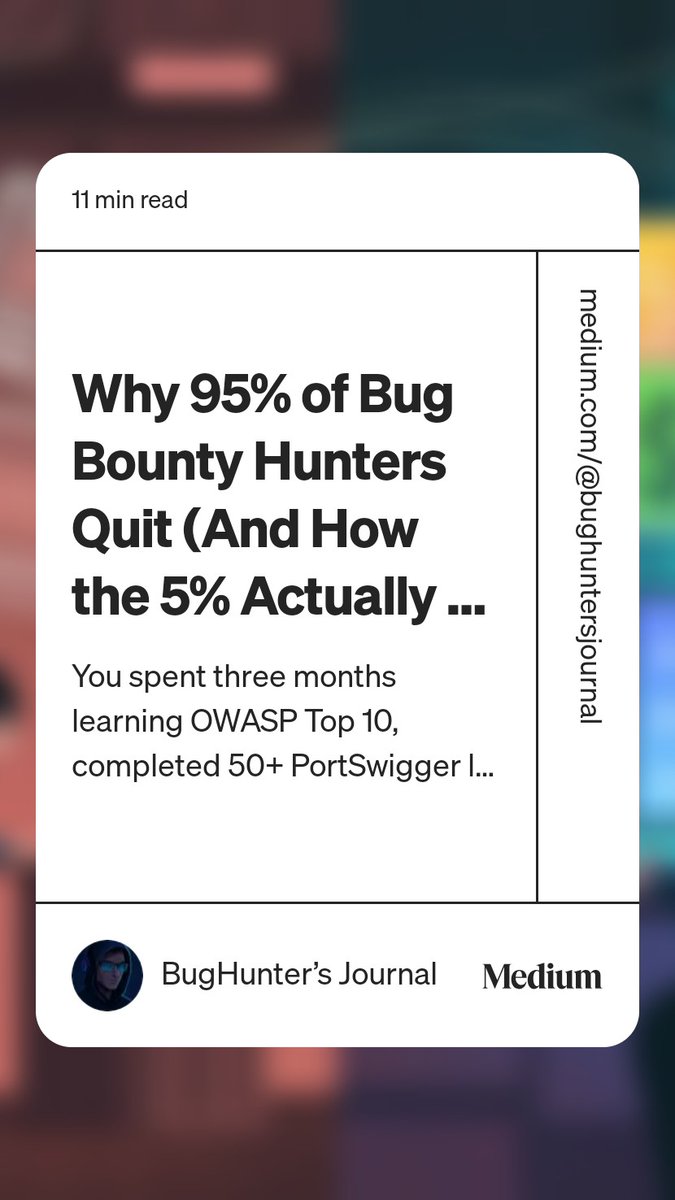 TechExplorerhub's tweet image. Read “Why 95% of Bug Bounty Hunters Quit (And How the 5% Actually Make Money)“ by BugHunter’s Journal on Medium: medium.com/@bughuntersjou…
#cybersecurity #cybersecuritycertification #HackingTips #bug #bounty
