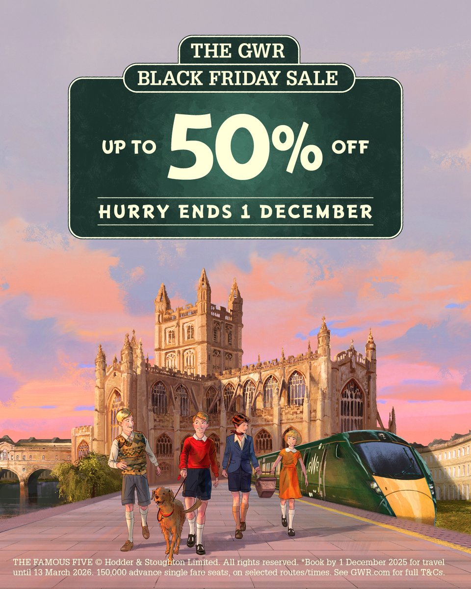 GWRHelp's tweet image. Don’t miss the GWR Black Friday Sale, with up to 50% off tickets.

Book now at gwr.com/blackfriday or on the GWR app.

Hurry, sale ends December 1st!

Terms Apply. Selected routes only. Subject to availability. Travel by 13 March.