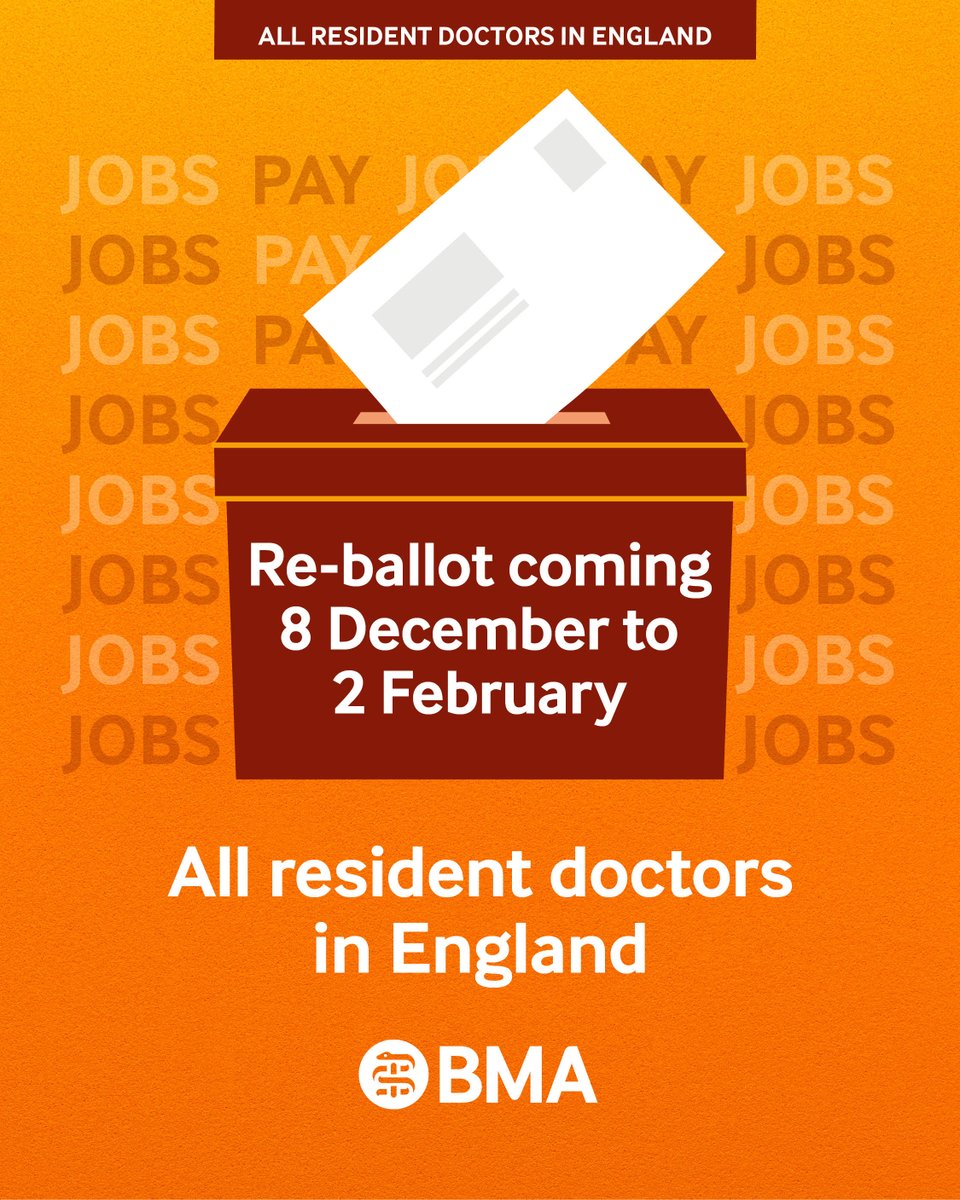 BMAResidents's tweet image. Let’s send the Government a clear message: doctors need jobs and pay.  

Our re-ballot for ALL resident doctors in England will open on 8 December. 

Update your details today and let’s get ballot ready myaccount.bma.org.uk  

#EndTrainingCrisis #PayRestoration