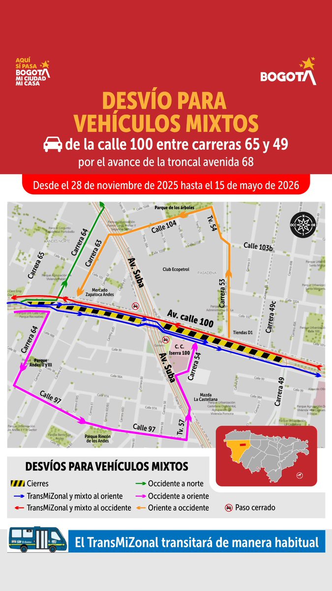 ¡Comparte esta información! 🔁

Desde hoy comenzó el desvío para vehículos mixtos en la calle 100, entre las carreras 65 y 49, debido a las obras de la troncal av. 68.

🚍 El servicio TransMiZonal seguirá transitando con normalidad por su recorrido habitual.