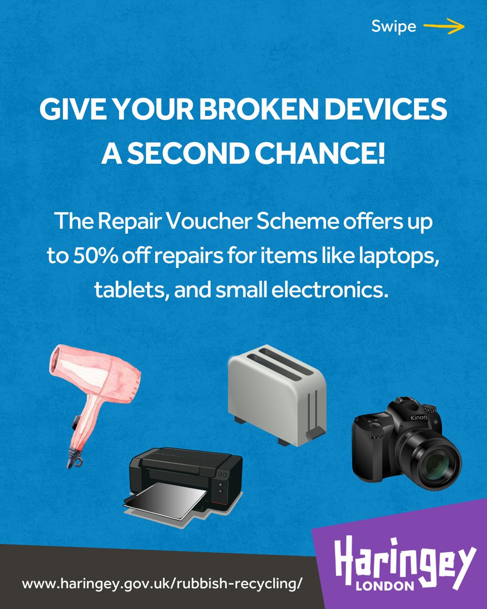 haringeycouncil's tweet image. Want to save £££ this Black Friday?

Our Repair Vouchers give 50% off repairs for small electronics.

If your tech can’t be fixed, dispose of it properly using our collection options 📍

Repair vouchers📲 bit.ly/4qcmu11

Old electronics disposal👉 bit.ly/4ok9FzG