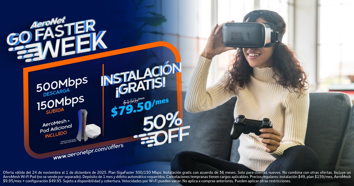 BLACK FRIDAY. Con un solo clic, GigaFaster 500 a mitad de precio. $79.50/mes. Instalación Profesional. Quedan 72 horas de GoFaster Week. No esperes más. Accede aquí gofasterpr.com/gofasterweek20…  #ConUnSoloClic