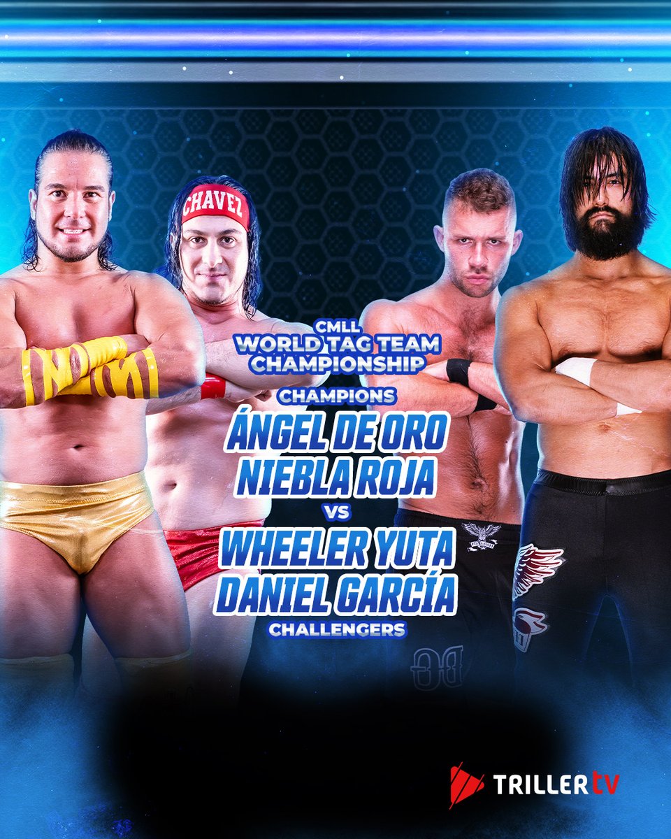 Triller_TV's tweet image. Titles are on the line 🏆🏆

Gran Guerrero puts the CMLL World Heavyweight title on the line against Claudio Castagnoli

The world tag team titles are up for grabs when Angel De Oro and Niebla Roja battle Wheeler Yuta and Daniel Garcia

📺 TONIGHT in English on TrillerTV PPV