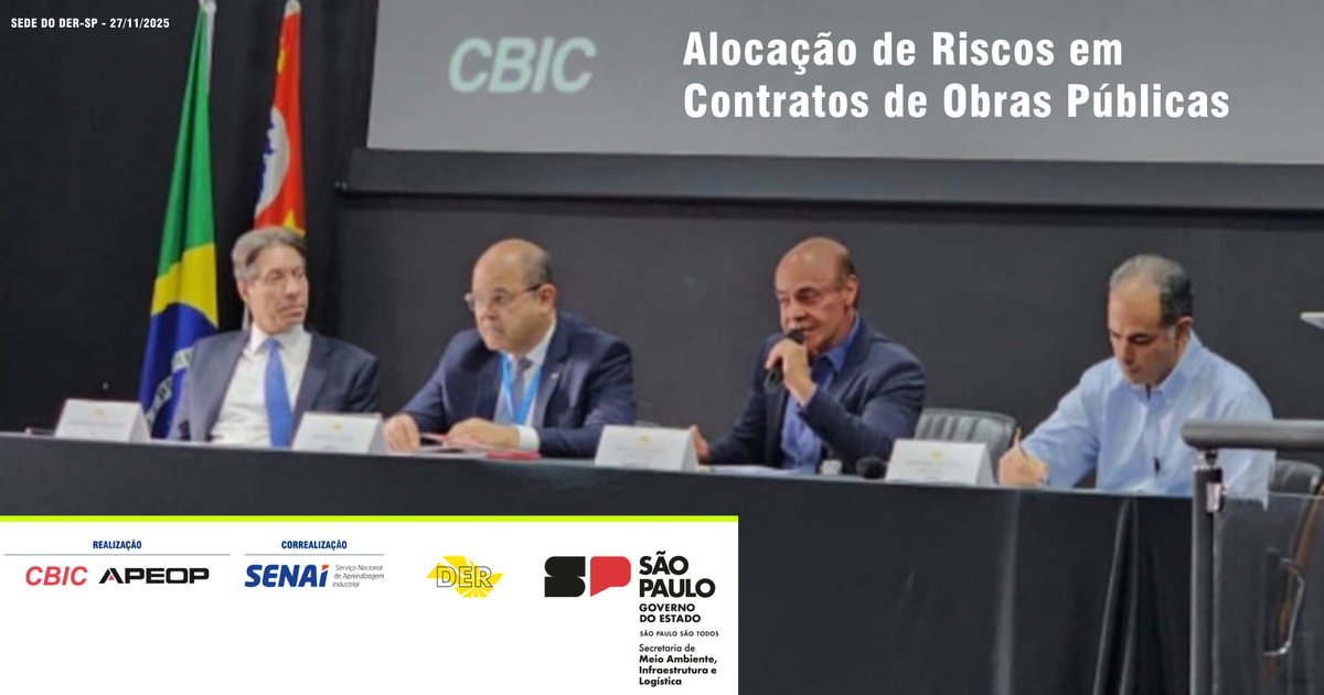 Apresentação do estudo “Alocação de Riscos em Contratos de Obras Públicas”, na sede do DER-SP.

<a href="/cbicbrasil/">CBIC</a> <a href="/SENAInacional/">SENAI</a>  <a href="/_dersp/">DER-SP</a> <a href="/governosp/">Governo de S. Paulo</a>