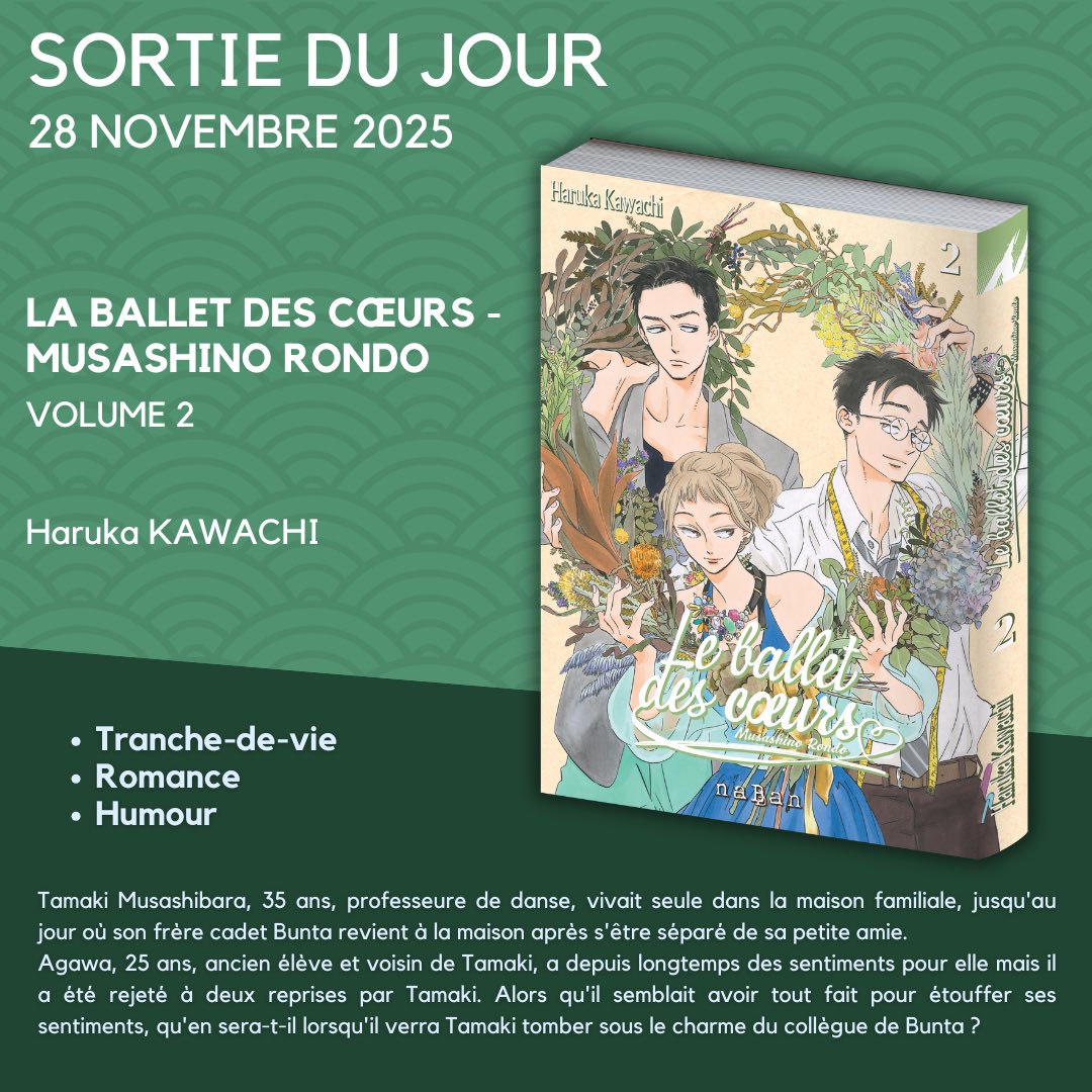 NabanEditions's tweet photo. 📚 Sortie du jour

Quel plaisir de pouvoir retrouver « Le ballet des cœurs - Musashino Rondo » de Haruka Kawachi si rapidement avec le tome 2 de cette belle série.

Foncez l’acquérir pour ce petit #naBanDay https://t.co/M6bzCYaHoq