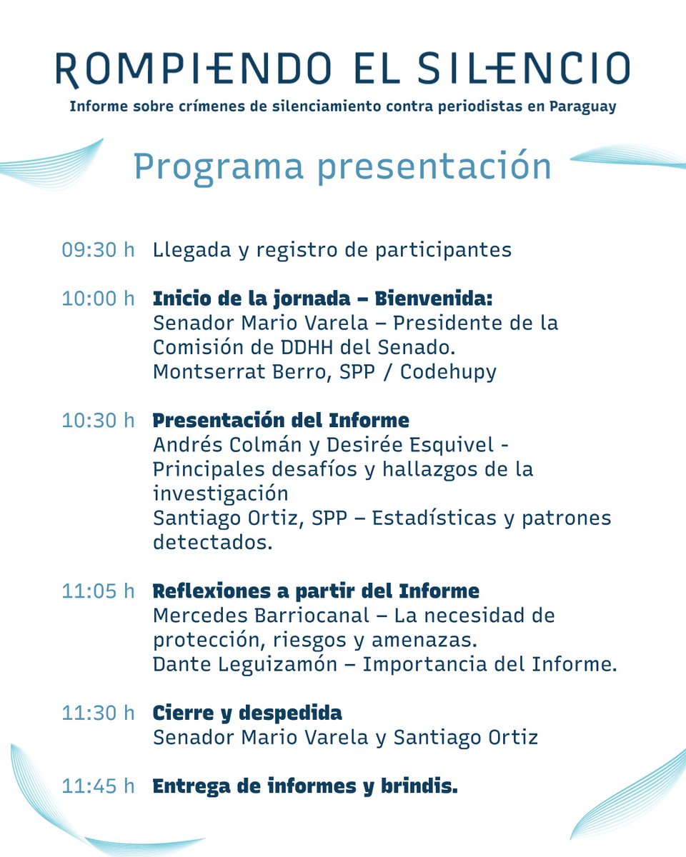 📌 Presentación de Rompiendo el Silencio- Informe sobre crímenes de silenciamiento contra periodistas en Paraguay 

¡Les esperamos! 
📆 HOY
📍 Sala Plenaria del Congreso Nacional.

Transmisión en vivo 🎥
youtube.com/watch?v=zWnazG…