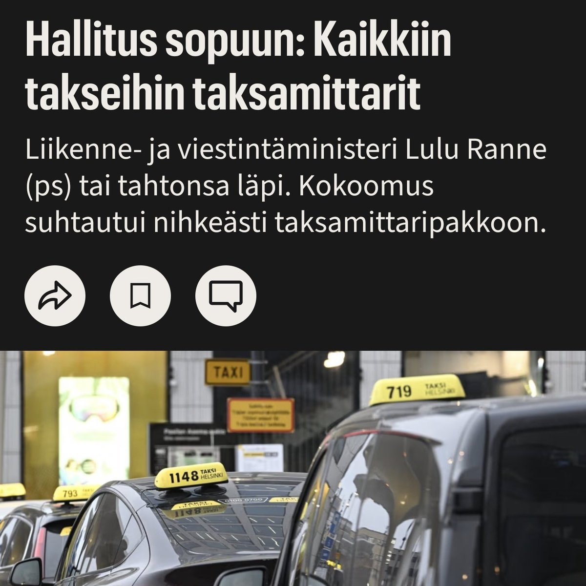 Taksamittaripakko olisi ymmärrettävä, jos se ratkaisi jonkin ongelman. Vaan ei ratkaise. Nyt aiheutetaan lisäkulu yrittäjälle ilman hyötyä kellekään. Sama matka- ja maksudata voidaan lähettää vaikka kännykästä.

Pyydän <a href="/LuluRanne/">Lulu Ranne</a> vielä harkitsemaan tätä. is.fi/politiikka/art…