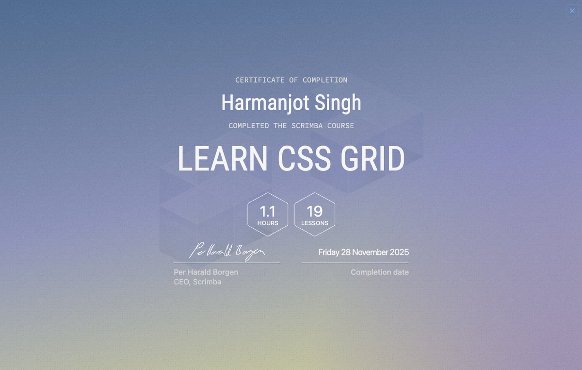 codeharmann's tweet image. Day 139 of coding

Today, I spent the entire day on @scrimba and completed three certifications:

- Learn CSS Grid
- Learn Markdown
- Frontend Interview Tips

I also finished the Essential CSS module from the Frontend Path. This achievement brings my total to 19 certifications…