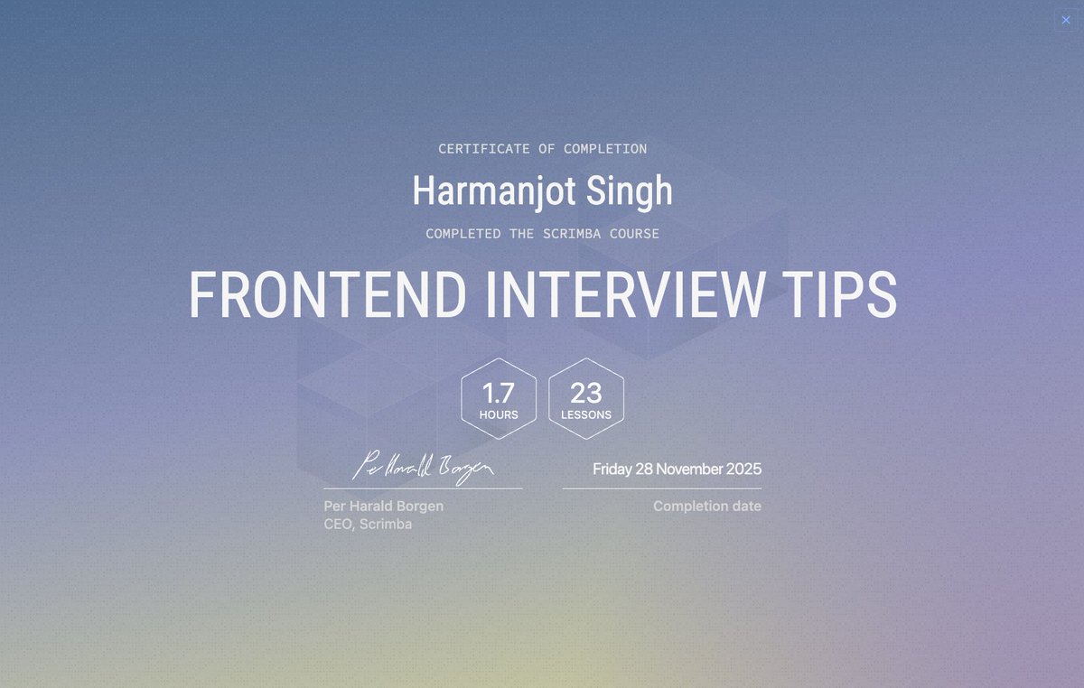 codeharmann's tweet image. Day 139 of coding

Today, I spent the entire day on @scrimba and completed three certifications:

- Learn CSS Grid
- Learn Markdown
- Frontend Interview Tips

I also finished the Essential CSS module from the Frontend Path. This achievement brings my total to 19 certifications…