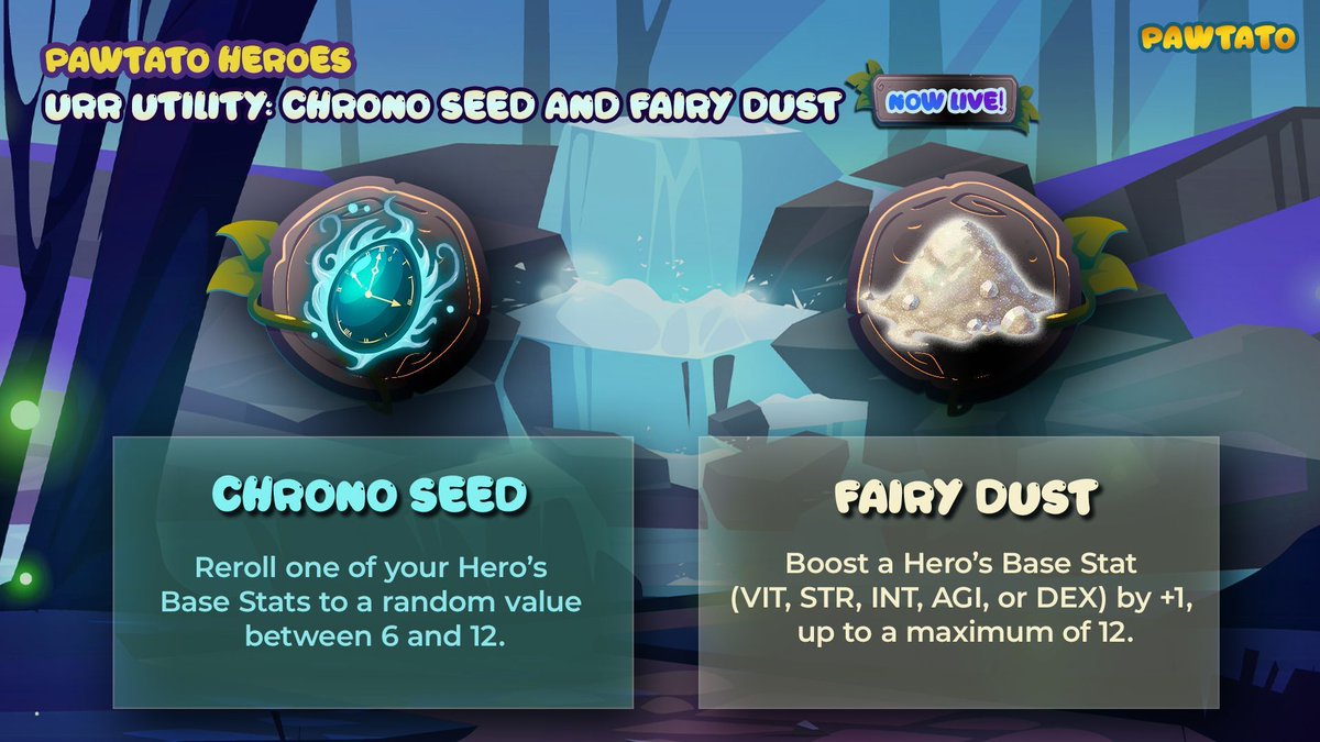 𝗨𝗥𝗥 𝗨𝘁𝗶𝗹𝗶𝘁𝘆 𝗟𝗶𝘃𝗲: 𝗙𝗮𝗶𝗿𝘆 𝗗𝘂𝘀𝘁 &amp; 𝗖𝗵𝗿𝗼𝗻𝗼 𝗦𝗲𝗲𝗱

Hero Stats can now be upgraded and rerolled with the new in-game utility of these URRs, each unlocking a different path to boost your Heroes' stat growth.

Own one... or even both? Use them and shape