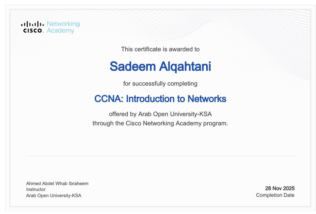 SadeemAFQ's tweet photo. الحمدلله خلصت دورة
CCNA: مقدمة في الشبكات
عن طريق أكاديمية سيسكو بالجامعة العربية المفتوحة.
إنجاز قوّى عندي أساسيات الشبكات، ومتحمّسة أكمل مشواري في المجال 🤍✨.@CiscoNetAcad @Cisco https://t.co/gVe3pvVWKJ