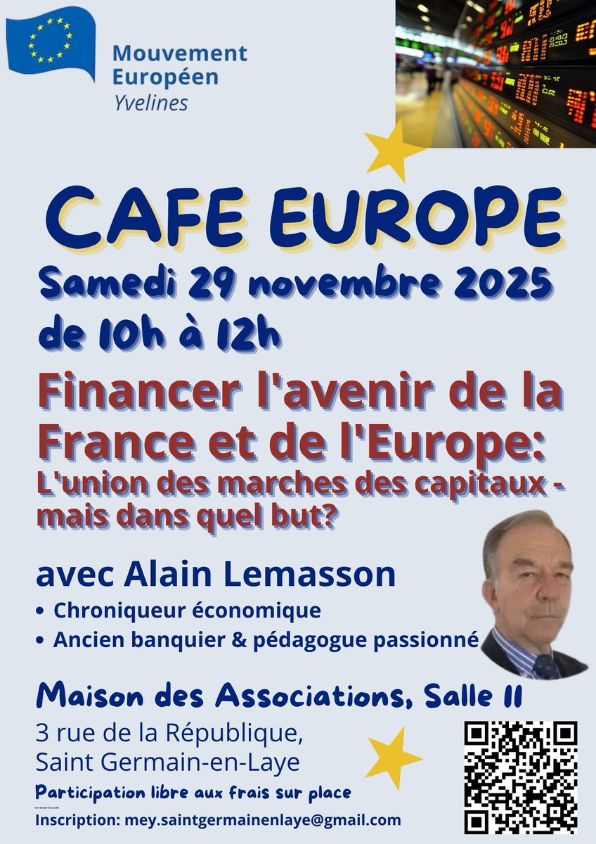 L'union des marchés capitaux - une solution pour la compétitivité 🇪🇺? Avec Alain Lemasson, Financier, Chroniqueur économique &amp; auteur du livre "Comprendre l'économie &amp; la finance modernes", 5ème édition, <a href="/GERESO/">GERESO</a>
👉13 déc. à 10h <a href="/StGermainLaye/">St-Germain-en-Laye</a> 
#Finance #Économie #Europe #Avenir