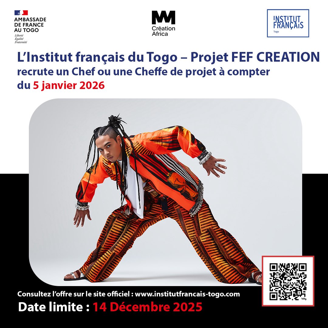 📢 APPEL À CANDIDATURE

L’Institut français du Togo - Projet FEF Création, recrute un chef ou une cheffe projet.

📌Date limite : 14 Décembre 2025

➡️ Consultez l’offre sur le site officiel : bit.ly/47ZExk6
