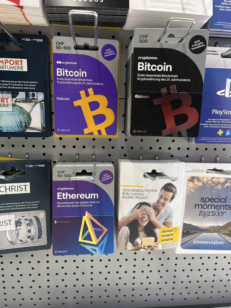 SwissHodler's tweet image. 🔥 MASSIVE BREAKING! Bitcoin adoption booms in Switzerland 🇨🇭🚀

Crypto gift cards seen at a Swiss post office today. Which gift cards would you buy: $BTC or $ETH?