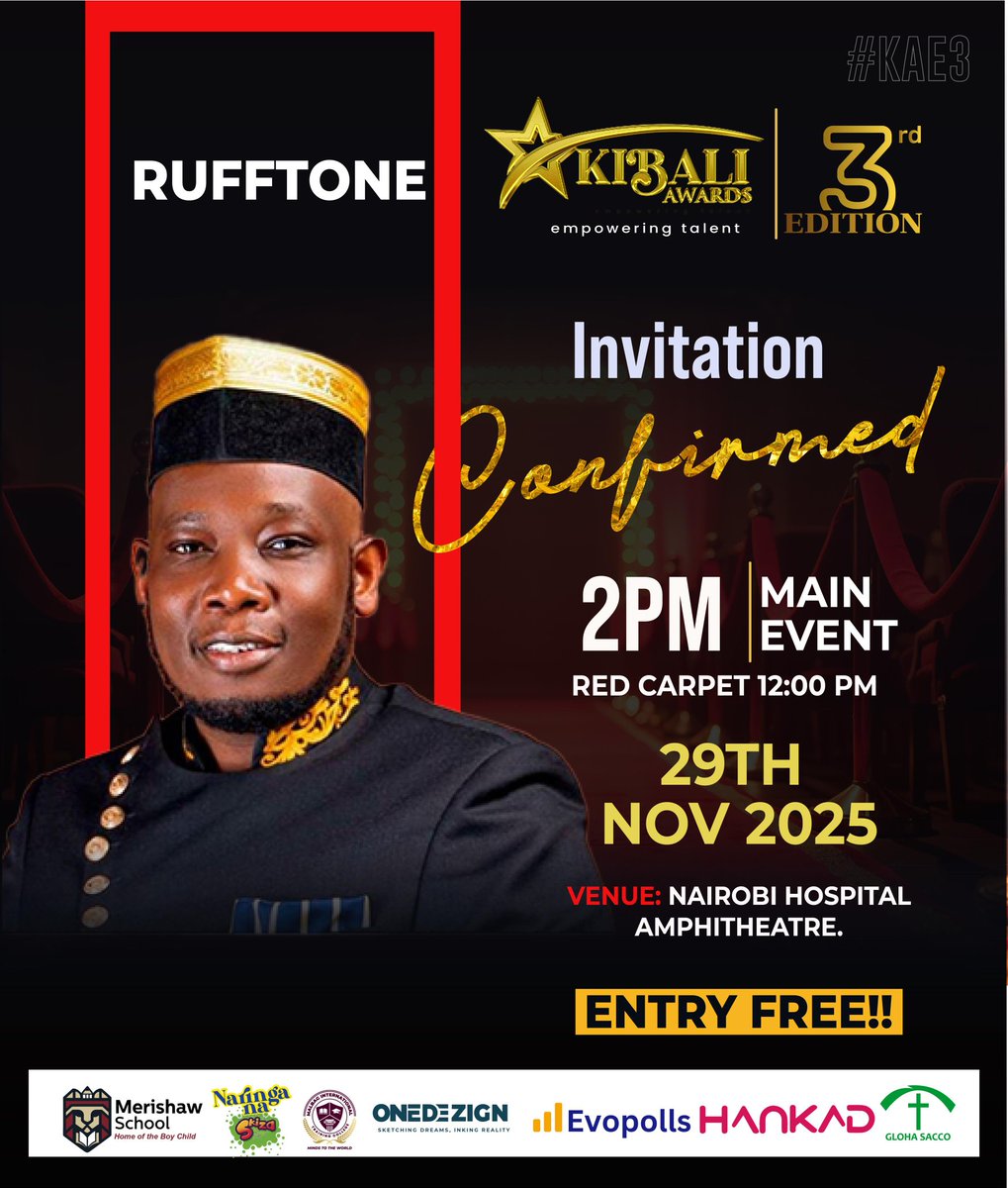 KibaliAwards's tweet image. Confirmed! RUFFTONE is set to light up the stage at the KIBALI AWARDS 3rd Edition! 🎉  Get ready.

Saturday, 29th November 2025
Nairobi Hospital Amphitheatre
⏰Red Carpet:12 PM | Main Event: 2 PM
🎟️ENTRY IS FREE!#KibaliAwards3rdEdition
#KibaliAwards2025
#KibaliAwards