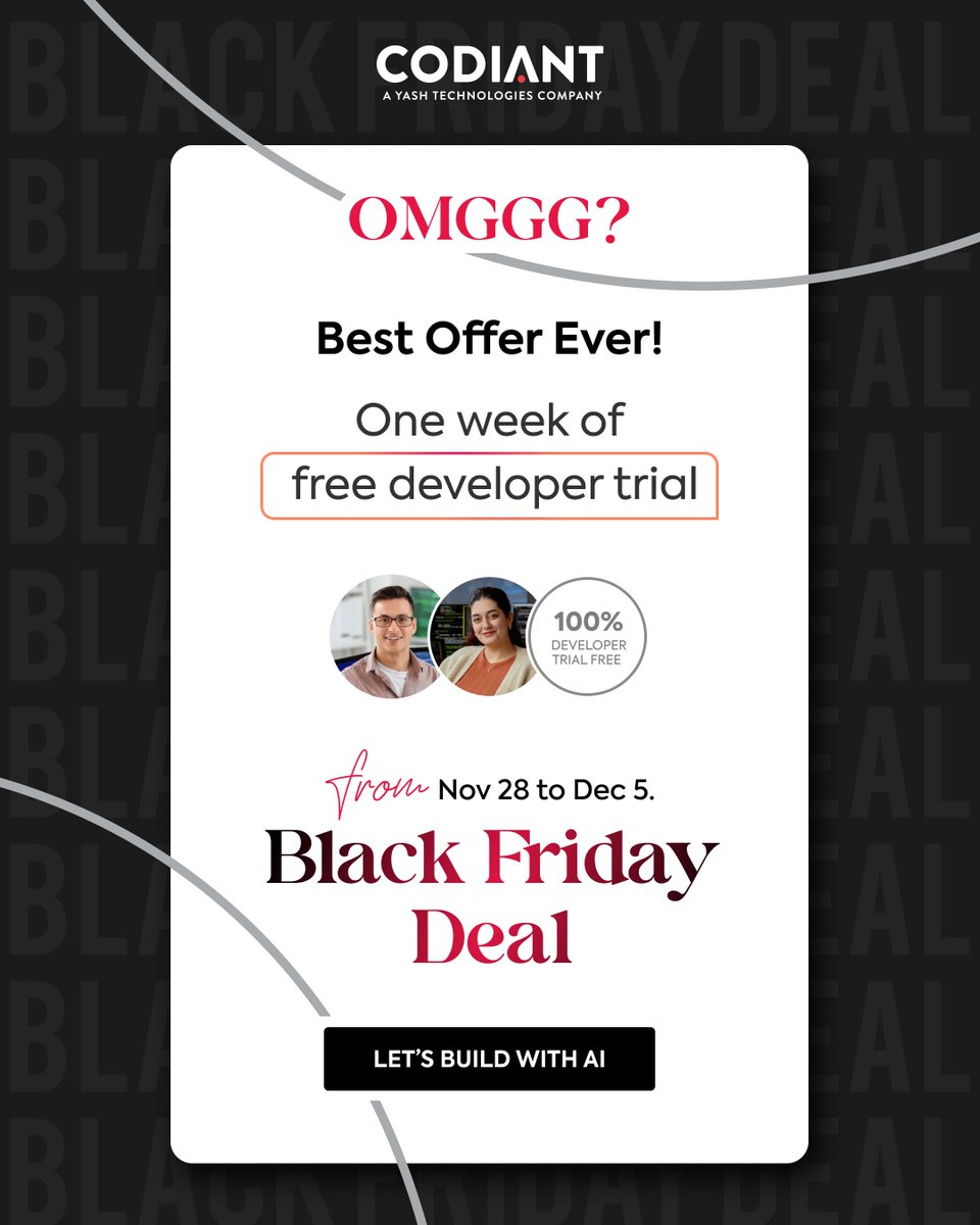 CODIANTSoftware's tweet image. OMG? Yes, really.

This Black Friday, we’re doing something bold.

Try our expert developers free for 7 days &amp;amp; see the difference AI-led development makes to your roadmap.

Limited window: Nov 28 – Dec 5.
𝗗𝗠 𝘁𝗼 𝗰𝗹𝗮𝗶𝗺.

#BlackFridayDeal #Codiant #AIDevelopment #TechDeals
