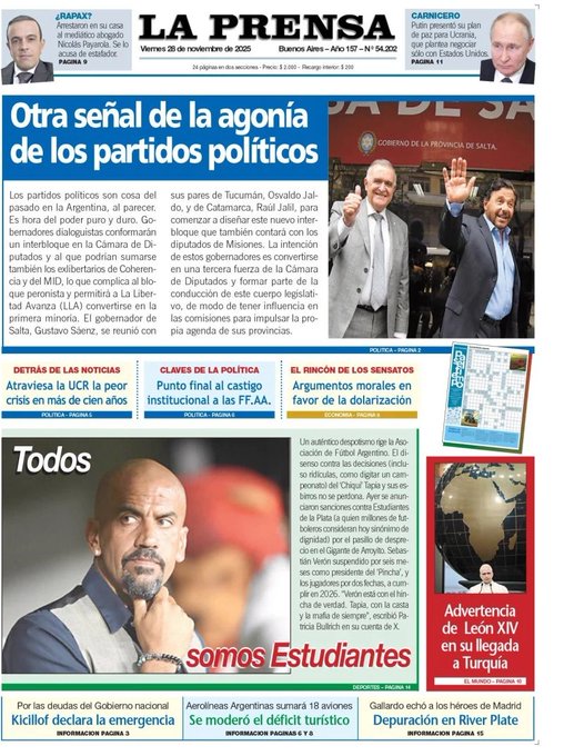 WalterVerst's tweet photo. #Buendía y #BuenViernes para todos!!
A continuación, las portadas de los diarios de hoy #Viernes 28/11/2025 #28deNoviembre #28NOV2025 #28Nov #28N.
#DiarioPopular
#LaPrensa
#Crónica https://t.co/wdOLvOPtqk