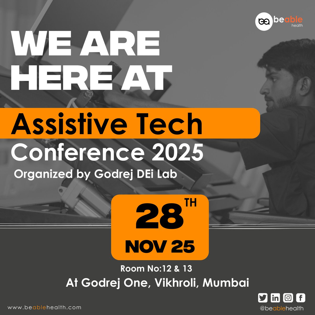 beablehealth's tweet image. Proud to be part of Assistive Tech Conference 2025 — where empathy meets engineering. 
On 28 Nov at Godrej One, we’re showcasing armable that can restore independence, confidence, and everyday movement.

@Godrej DEi Lab @BeAble Health 
 #DesignForAll #AssistiveTech