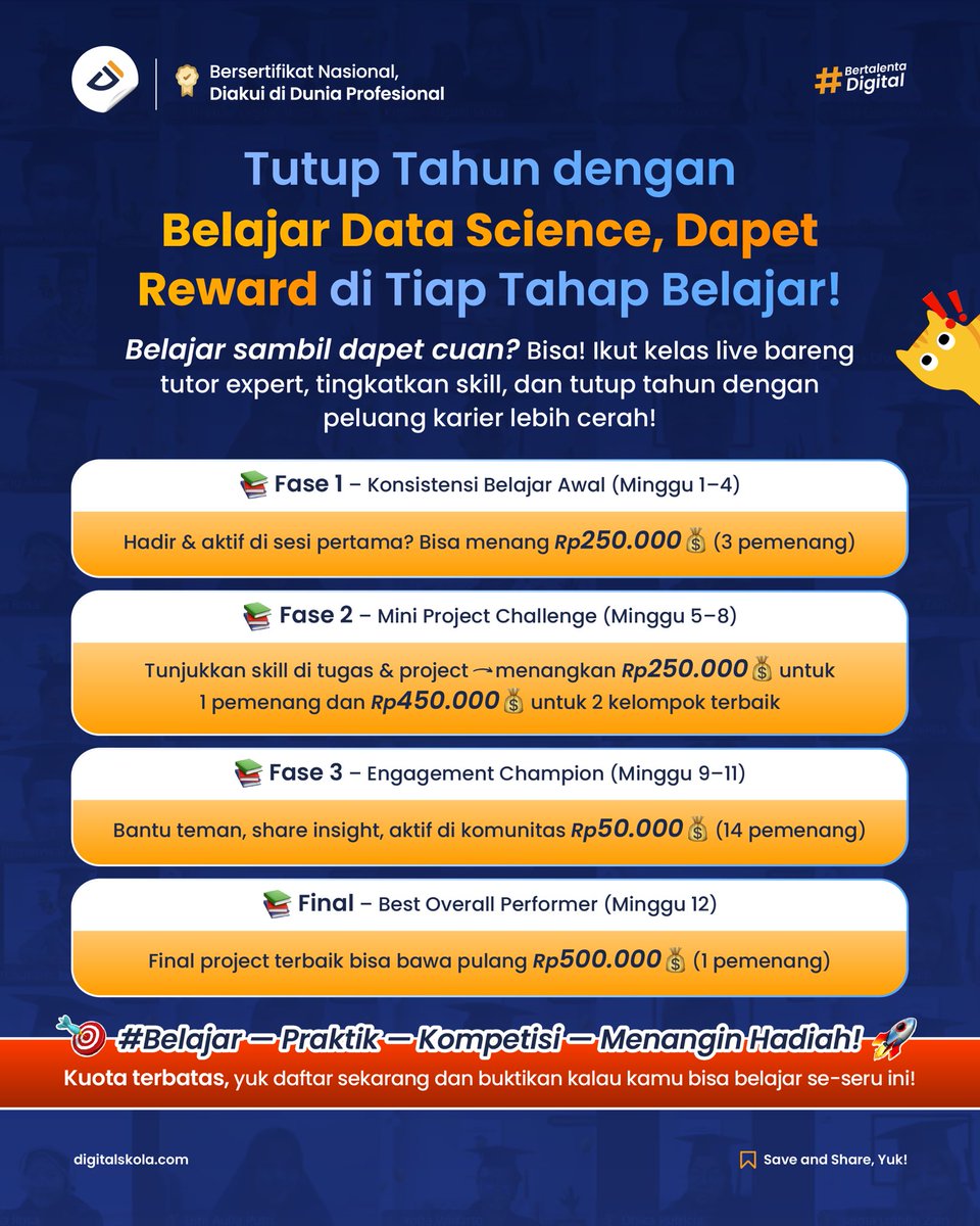 digital_skola's tweet image. Bootcamp Data Science terseru yang bisa bikin kamu upgrade skill, nambah portofolio, dapat sertifikasi nasional/internasional, dan bahkan dapet hadiah uang cash  💸

Daftar sekarang di: digitalskola.com/bootcamp/data-…