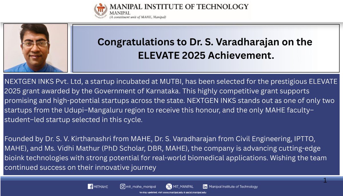 MIT_MANIPAL's tweet image. #ELEVATE2025 #Innovation #StartupSuccess #BiomedicalInnovation #TechForHealth #ManipalInstituteOfTechnology #MAHE #ResearchAndDevelopment #Entrepreneurship #NextGenINKS