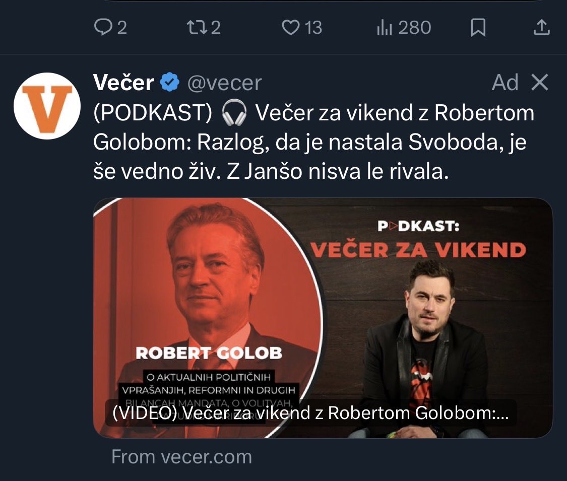 mgaser's tweet image. Algoritem tukaj na Xu mi je namenil tale oglas. Sicer bi si raje si dal vbrizgat koronavirus naravnost v očesne zrkle, kot pa da bi te bedarije in nebuloze gledal, ampak vseeno priznam da mi je všeč kako so ga pofarbali na rdeče.