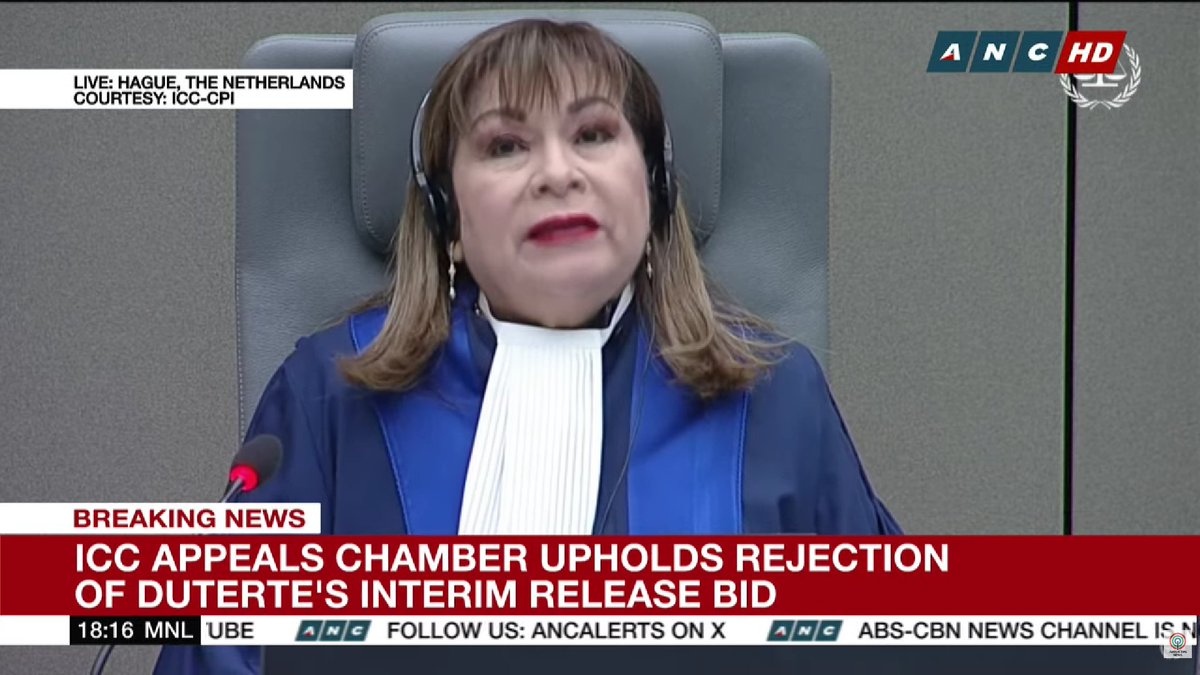 IvanAtHome's tweet image. 🚨BREAKING: RODRIGO DUTERTE DENIED INTERIM RELEASE BY THE INTERNATIONAL CRIMINAL COURT

ICC Appeals Chambers UNANIMOUSLY concurs with Pre-Trial Chamber&apos;s decision, deeming Duterte poses a significant risk of obstructing and evading justice should he be released from ICC detention…