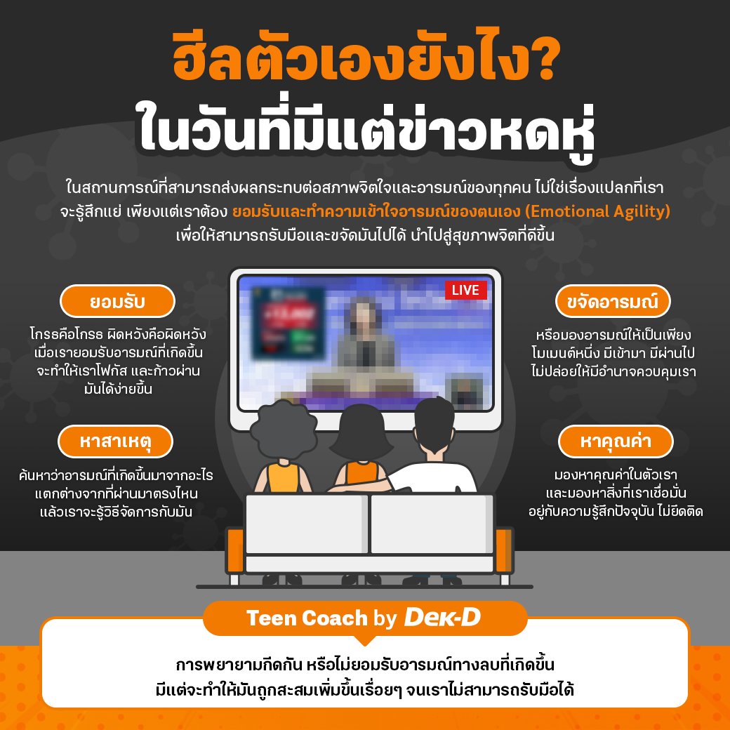 webdekd's tweet image. #dekdTeenCoach ตื่นมาทุกเช้าเจอแต่ข่าวหดหู่ จนเริ่มไม่ไหวแล้ว...
.
Emotional Agility หรือ การยอมรับและทำความเข้าใจอารมณ์ของตนเอง จะเป็นหลักจิตวิทยาง่ายๆ ที่ทำให้เราจัดการกับอารมณ์หดหู่ที่กำลังเกิดขึ้นได้ ด้วยหลักการ 4 ข้อนี้
.
✅ยอมรับความรู้สึกของตนเอง…