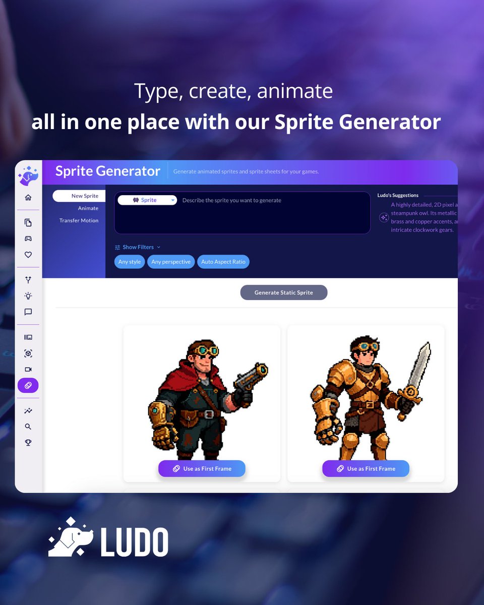Our upgraded Sprite Generator gives you more control than ever over 2D animation. Create VFX sprites, use the Pose Editor for smoother movements, &amp; enjoy improved background removal, better previews, &amp; new Pixel Art Filter.
Try it free at Ludo.ai.
#LudoAI #GameDev