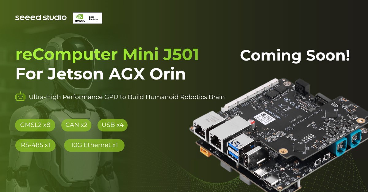 seeedstudio's tweet image. Tired of bulky carrier boards? Meet the #reComputer Mini J501, we&apos;re about to launch soon!

Compatible with @NVIDIARobotics #Jetson #AGXOrin module, we packed the ultra #GPU inferencing capability into a 110mm &quot;#robot brain&quot; with 10G Ethernet, CAN, RS-485, and GMSL2 support.…
