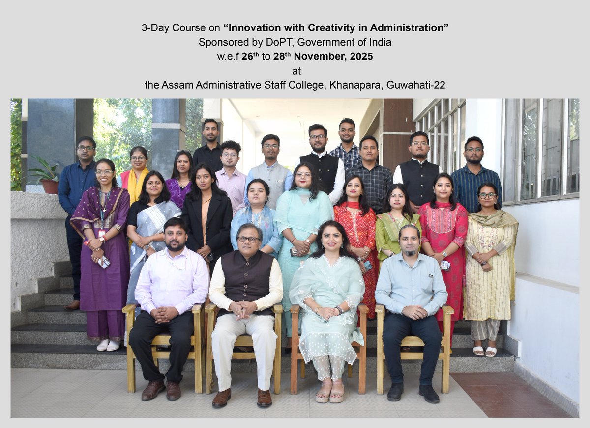 aasc1960's tweet photo. AASC conducted a 3-day course for ACS officers of 22/24/25 batch on "Innovation with Creativity in Administration", sponsored by DoPT, Govt. of India w.e.f 26th to 28th Nov, 2025. 
Course Director- Ms Rajlakshmi Barman, ACS, Dy DoT, AASC. https://t.co/KqPzau8hzJ