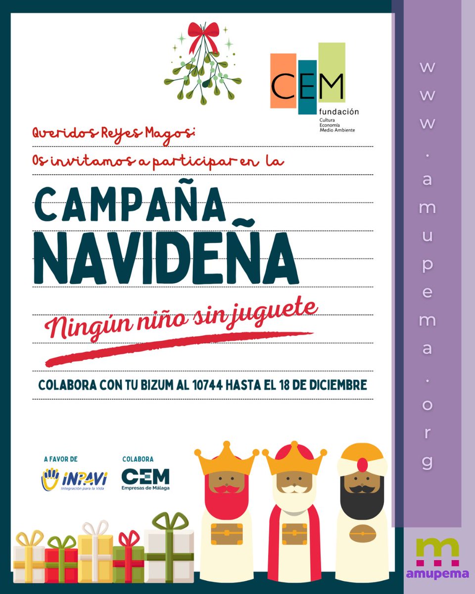XIV edición de la campaña ‘OfréCEMe’ <a href="/cemmalaga/">CEM</a> ‘Operación Reyes Magos: ningún niño sin juguete’ promovida por la Asociación INPAVI (Integración Para la Vida). 
Colabora por bizum al 10744 o en la cuenta
 ES83 2100-2388-5802-0013-0043 indicando,  “Donativo campaña de juguetes”.