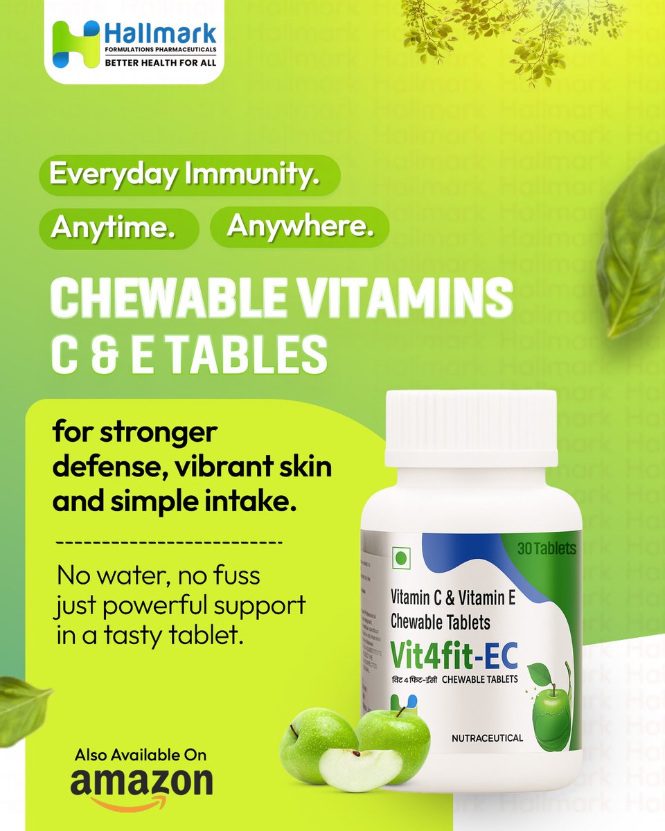 hallmark3210's tweet image. Low immunity or fatigue? Vit4fit-EC Chewable Tablets by Hallmark Pharmaceuticals give quick daily support with Vitamin C &amp;amp; E — easy, tasty, and effective for immunity and skin health.

Buy on Amazon: amzn.in/d/7TTtkWN

#Vit4fitEC #DailyImmunity #HallmarkPharmaceuticals