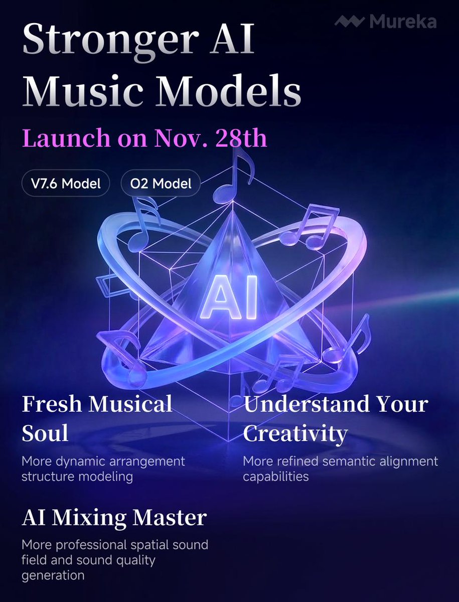 Mureka_AI's tweet image. Whether you’re aiming for premium expressive quality with O2, or high-efficiency, low-cost generation with V7.6, the new models are ready to use today!