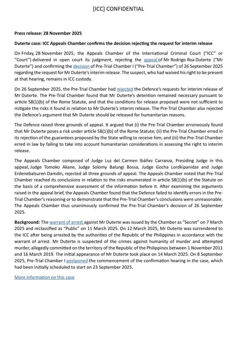 maracepeda's tweet image. JUST IN: Fomer Philippine president Rodrigo Duterte loses his appeal for interim release before the International Criminal Court Appeals Chamber. 

Duterte, who’s under trial for crimes vs humanity over his bloody drug war, stays in jail at The Hague.