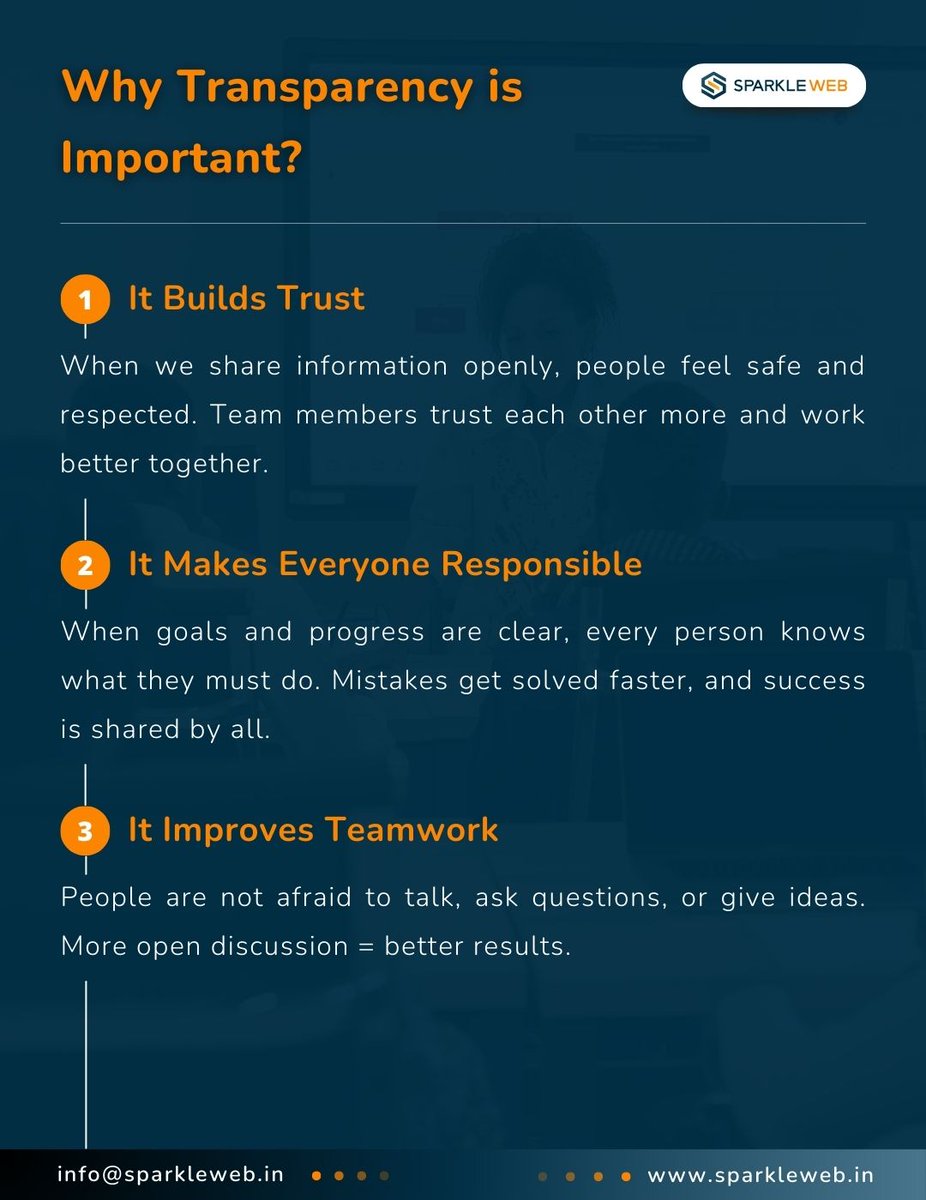 sparklewebhelp's tweet image. Transparency isn’t just a value - it’s how we work every day.

Trust. Collaboration. Growth.

That’s #SparkleWeb 💙

#workculture #leadership #teamsuccess #softwarecompany