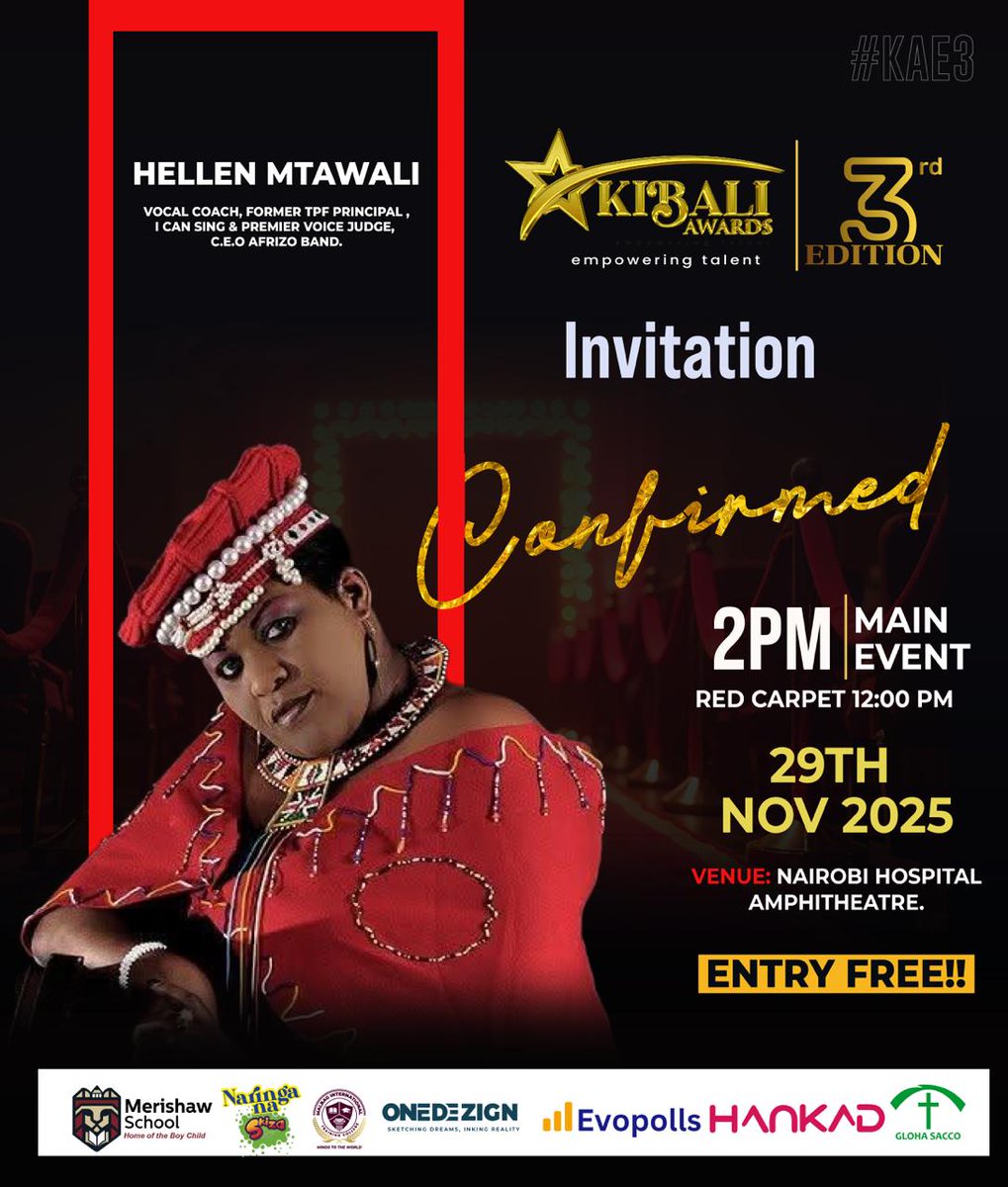 KibaliAwards's tweet image. Confirmed! HELLEN MTAWALI is set to light up the stage at the KIBALI AWARDS 3rd Edition! 🎉  Get ready.

Saturday, 29th November 2025
Nairobi Hospital Amphitheatre
⏰Red Carpet:12 PM | Main Event: 2 PM
🎟️ENTRY IS FREE!#KibaliAwards3rdEdition
#KibaliAwards2025
#KibaliAwards