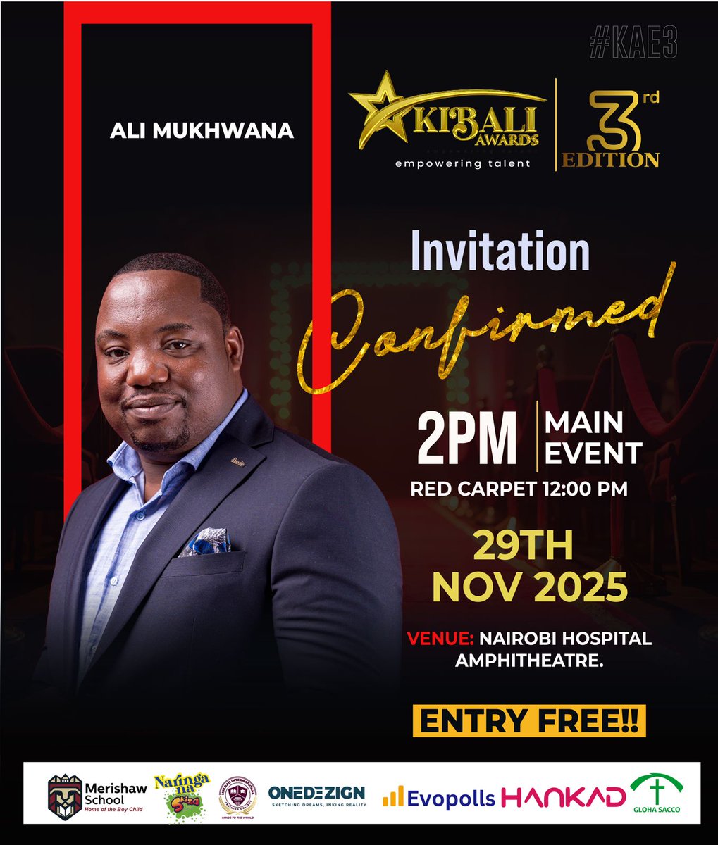 KibaliAwards's tweet image. Confirmed! ALI MUKHWANA is set to light up the stage at the KIBALI AWARDS 3rd Edition! 🎉  Get ready.

Saturday, 29th November 2025
Nairobi Hospital Amphitheatre
⏰Red Carpet:12 PM | Main Event: 2 PM
🎟️ENTRY IS FREE!#KibaliAwards3rdEdition
#KibaliAwards2025
#KibaliAwards